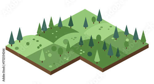 Isometric green landscape with geometric trees on rolling hills