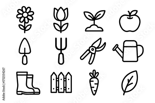 Vector gardening icon set. Simple minimalist outline symbols for garden, farm, and nature concepts. Collection includes flower, plant, tools, apple, carrot, fence and boots.
