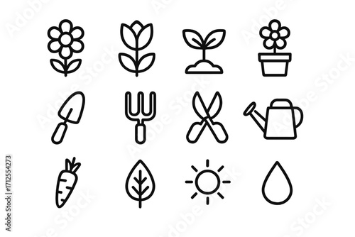 Gardening icons set. Simple minimalist line art. Floral tools and nature symbols. Vector illustration of flower, plant, pot, seedling, trowel, fork, shears, watering can.