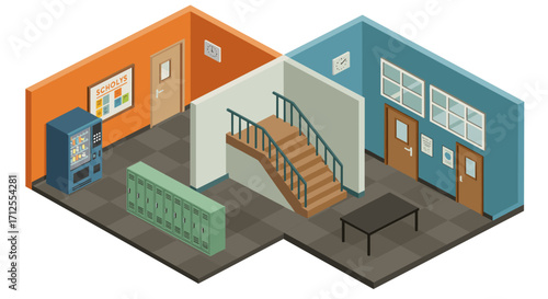 Isometric school interior with stairs and lockers in muted colors