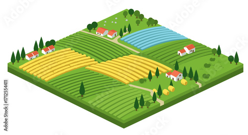 Isometric countryside landscape with fields and farmhouses