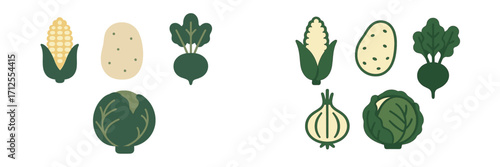 Collection of colorful vegetables including corn, potatoes, radishes, and cabbage displayed in a simple design