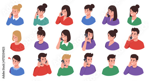 Diverse people chatting on smartphones with different hairstyles and outfits