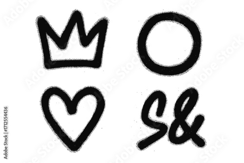 Set of graffiti spray paint shapes. Crown, heart, circle, ampersand symbols. Hand-drawn urban street art elements. Textured aerosol stencil vector illustration collection.