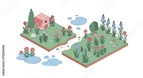 Isometric garden landscape with flowers and pond in pastel colors