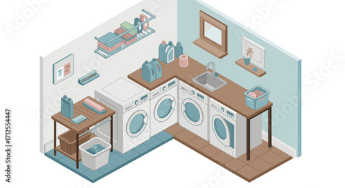 Modern isometric laundry room with appliances and storage in minimalist style