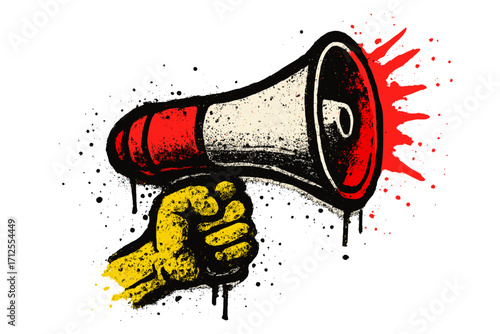 Hand holding megaphone in spray paint graffiti style. Loudspeaker for protest, announcement or revolution. Urban grunge vector art. Communication, voice and power concept.