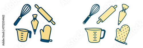 Kitchen tools and baking utensils arranged creatively for a fun baking session