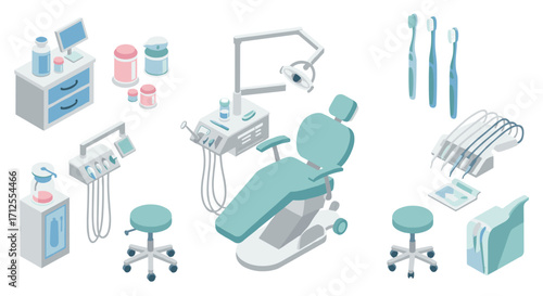 Isometric dental office equipment set with chair, tools, and accessories