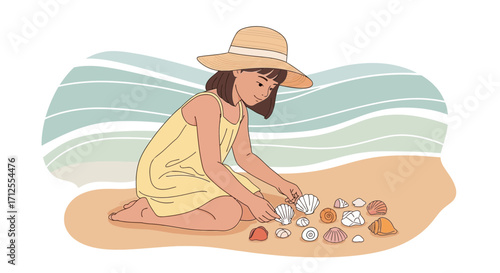 Girl Exploring Seashells On The Sand Beach Enjoying Her Summer Vacation Moment