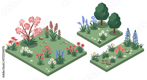 Isometric garden floral arrangement with trees and flowers