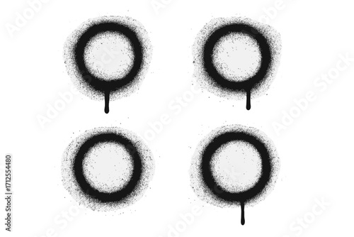 Set of graffiti spray paint circles. Grunge splatter dots with drips. Dirty sprayed aerosol texture. Abstract vector street art elements. Black ink stain illustration.