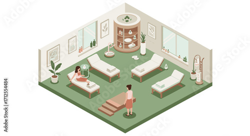 Elegant isometric spa interior with relaxing ambiance and minimalist design elements