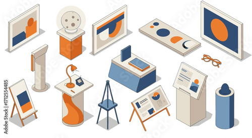 Modern isometric display elements for exhibits and presentations