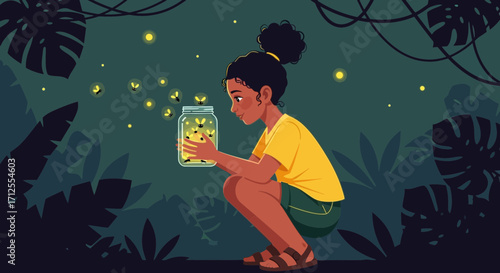 Girl Gazing At Fireflies In A Glass Jar Within A Lush Green Jungle at Night