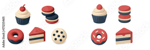 Colorful dessert collection with cupcakes, macarons, donuts, and cakes displayed on a white background