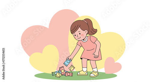 Girl Gathering Treats Beneath Heart-Shaped Clouds, Symbolic Presentation of Affection