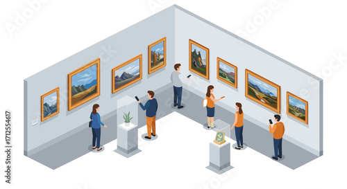 Modern art gallery visit: people exploring exhibits in an isometric museum