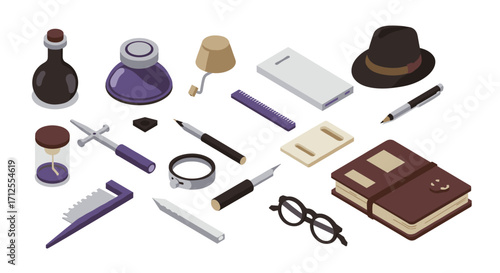 Vintage office supplies isometric set featuring classic desk accessories and retro stationery