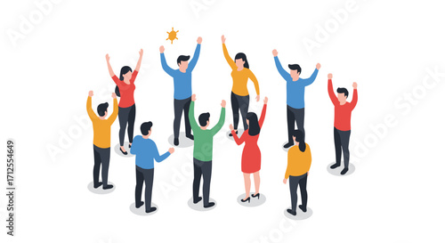 Diverse team celebrating success in isometric style on white background