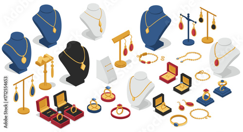 Isometric jewelry display collection featuring necklaces, rings, and earrings in elegant gift boxes