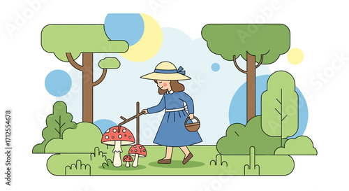 Girl Harvesting Mushrooms Silhouette Scene With Vibrant Trees And Forest Landscape