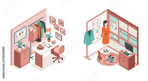 Isometric room interior with fashion and office elements