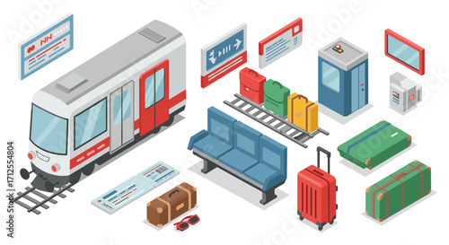 Isometric train travel elements with luggage, tickets, and station signs