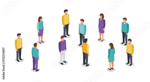 Isometric group of people standing in formation on white background