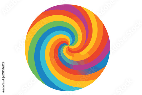 Psychedelic rainbow swirl background. 60s and 70s style groovy hippie abstract vector illustration. Colorful twist vortex pattern. Retro circular hypnotic design element.