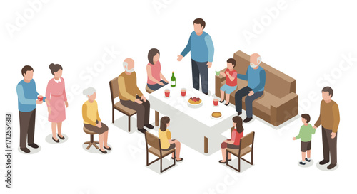 Family gathering in living room with generations sharing drinks and food in isometric style