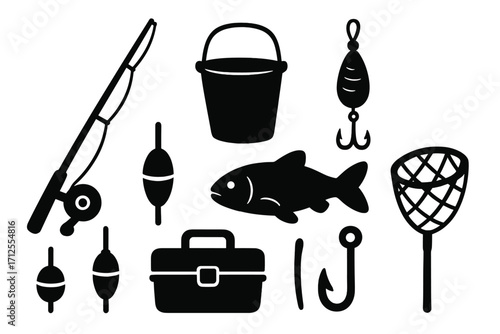Fishing equipment icon set. Angling hobby vector silhouettes collection. Includes fishing rod, reel, lure, hook, bait, fish, net, tackle box, float, bucket. Outdoor sport.