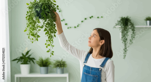 Girl Inspecting The Leaves Of A Hanging Potted Plant In A Bright Room