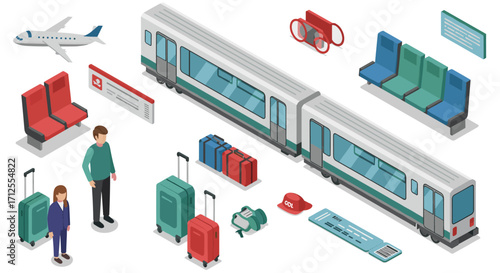 Isometric train travel elements with luggage, passengers, and accessories