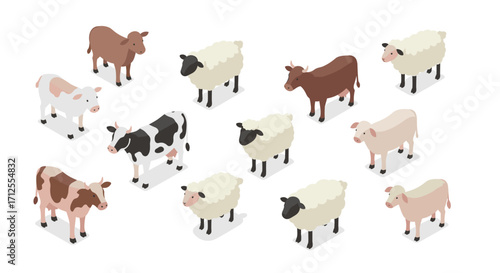 Isometric farm animals collection featuring cows and sheep