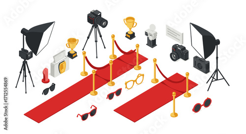 Red carpet event icons with cameras, trophies, and studio equipment in isometric style