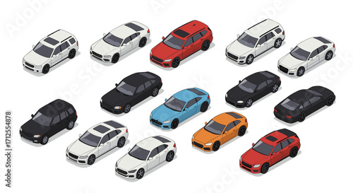 Isometric set of modern cars in various colors and models