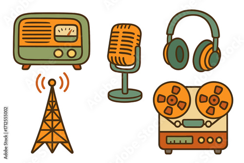 Retro audio equipment set with radio, microphone, headphones, tower, tape recorder. Vintage 60s 70s music broadcast media. Sound communication vector cartoon icons pack.
