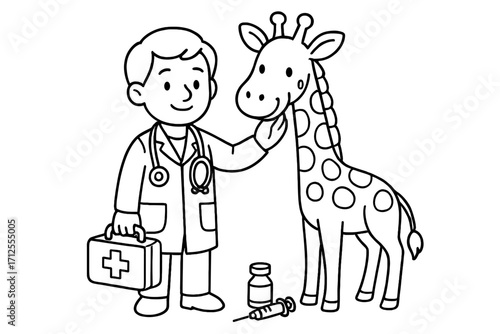 Veterinarian doctor character with a cute baby giraffe. Zoo animal medical examination concept. Vet care, health checkup. Medicine, syringe, first aid kit. Simple outline for coloring book.