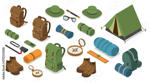 Outdoor adventure gear in modern isometric style featuring hiking essentials