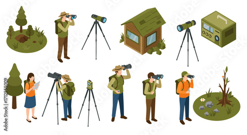 Bird watching adventure: isometric outdoor exploration with binoculars and cameras