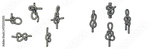Various knot designs displayed for learning and reference in rope management and outdoor activities