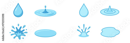 Collection of blue water droplets and splashes in various shapes and sizes illustrating the beauty of water