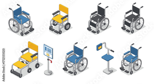Collection of isometric wheelchairs and accessibility icons in modern design