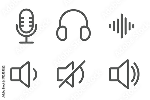 Set of minimalist audio line icons. Vector symbols for podcast, music, and sound. Includes microphone, headphones, speaker volume control, mute button, and equalizer graphic.