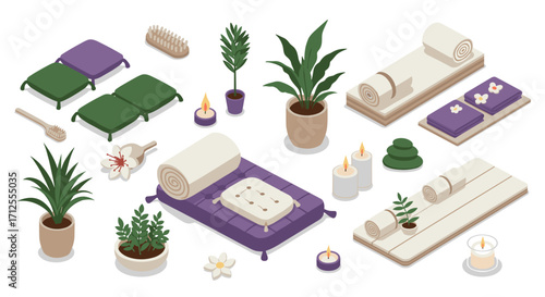 Isometric spa elements: relaxation and wellness with plants, candles, and mats