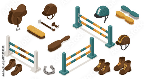Equestrian equipment isometric set with horseshoe, helmets, and jump barriers