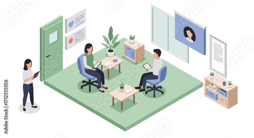 Modern office isometric design with people collaborating in a workspace setting