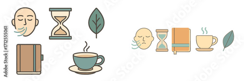 Serene icons for calm and relaxation: breathing, hourglass, leaf, coffee, notebook