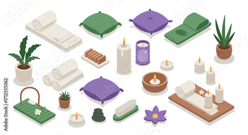 Spa and wellness elements in isometric style featuring candles, towels, cushions, and plants